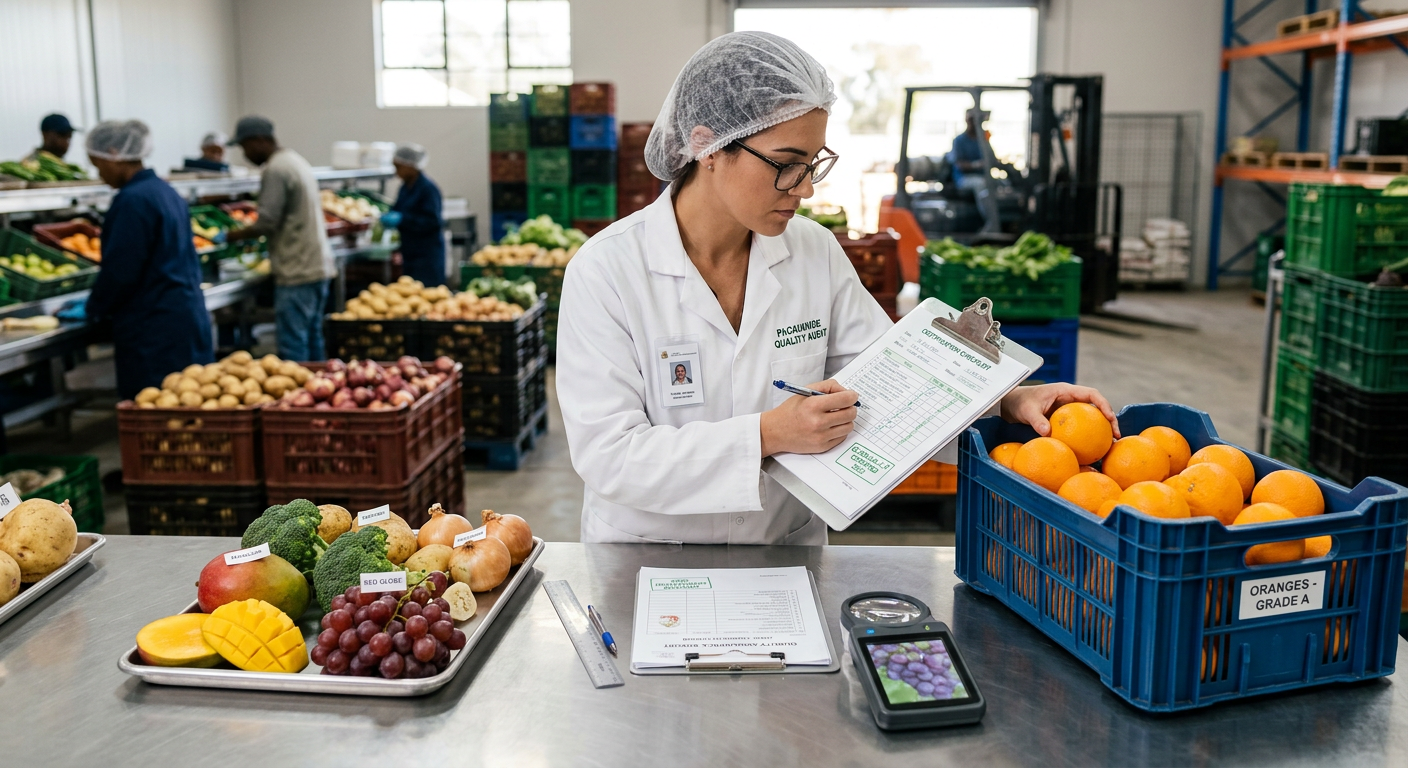 A quality auditor inspecting fresh fruits and vegetables against a certification checklist and documents in a modern packhouse