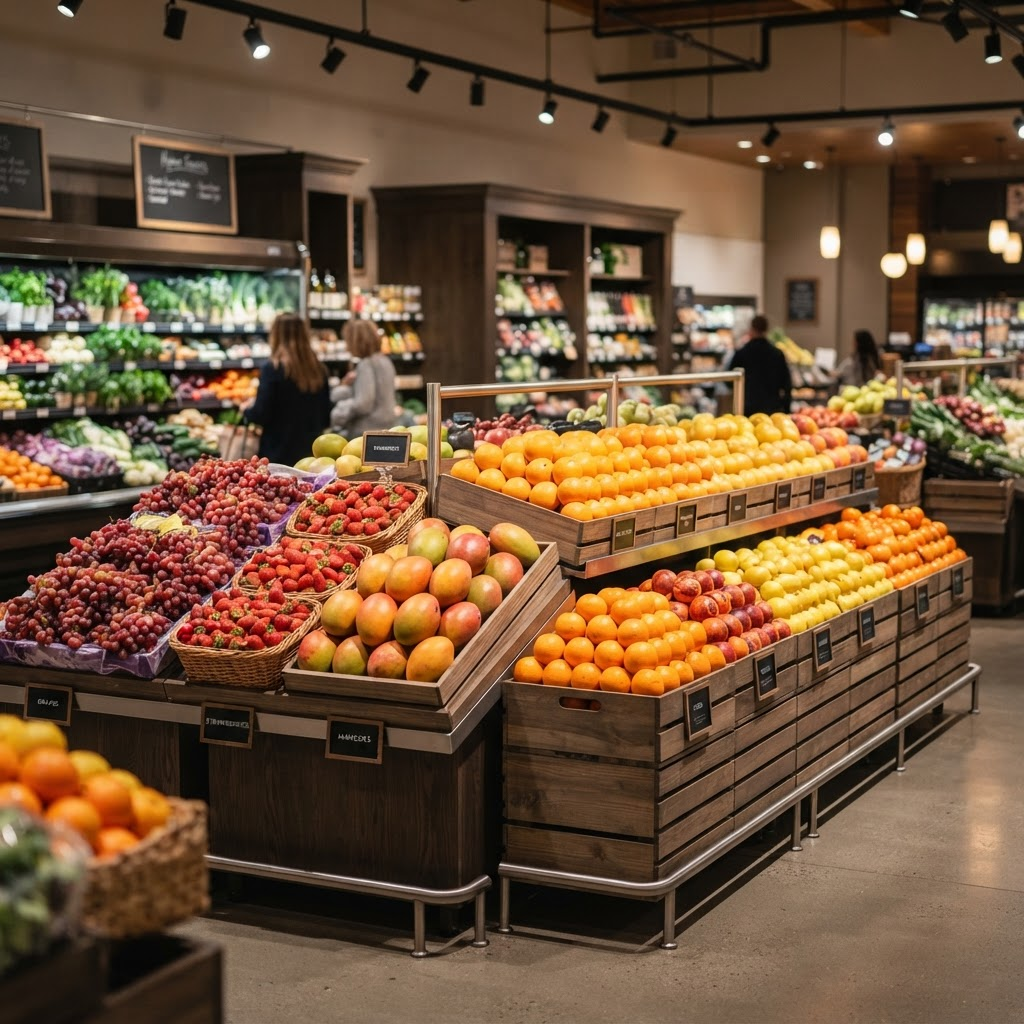 Upscale European supermarket fresh produce section, neatly merchandised